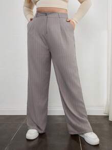 RueChic Plus Striped Print Wide Leg Suit Pants - Light Grey - View 1