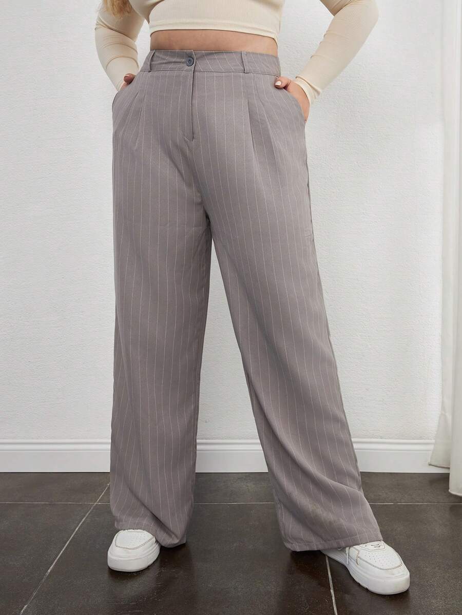 RueChic Plus Striped Print Wide Leg Suit Pants - Light Grey - View 1