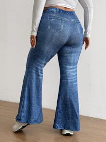 SHEIN CURVE+ 休闲定位印花牛仔效果喇叭裤 - 藍色 - 查看 2