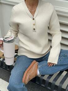 SHEIN Essnce Winter Sweater Beige Sweater Knitted Women Sweater Thanksgiving Sweater Women's Solid Color Button Half Placket V-Neck Long Sleeve Fleece Sweater, Autumn/Winter
