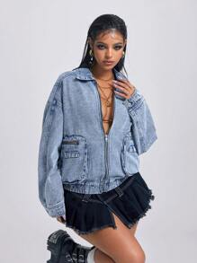 Jeanoix 女士前拉链做旧宽松牛仔夹克