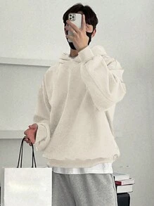 男士纯色休闲套头连帽衫，秋冬 - 白色 - 查看 2