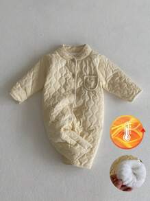 SHEIN 2024 女婴秋冬季中性婴儿连脚连体衣，加垫保暖内衬保暖连体衣。中性保暖加垫保暖内衬婴儿连体衣。时尚百搭，让宝宝在秋冬季节保持舒适 - 杏色 - 查看 1