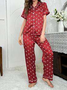 Heart Trimmed Faux Silk Short Sleeve Top & Pants Pajama Set, Vacation