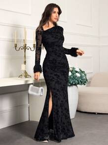 Modelyn Women's Elegant Autumn Asymmetric Shoulder Mesh Contrast Fish Tail Hem Dress - Black - View 5