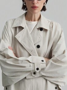 Ontre Women's Long Sleeve Batwing Sleeve Trench Coat, Beige Outerwear Jacket For Everyday Wear, Holiday , Winter Season - Light Grey - View 7