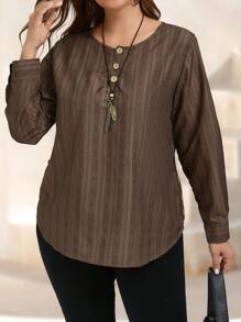 EMERY ROSE Plus Size Women Printed Textured Semi-Open Collar Long Sleeve Shirt, Autumn