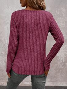 EMERY ROSE V Neck Floral Lace Embellished Neckline Brushed Rib Casual Eleagnt Women T-Shirt For Spring/Fall - Red Violet - View 2