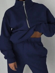 Maweii Damen Große Größen Reißverschluss Halbeleiste Sweatshirt Und Sweatpants Set - marineblau - Übersicht 5