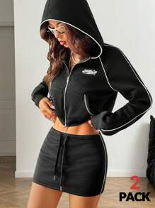 SHEIN EZwear Women's Winter Dark Academia Sportswear Basic Zip Up Hoodies And Mini Skirts Going Out Two Pieces Outfits