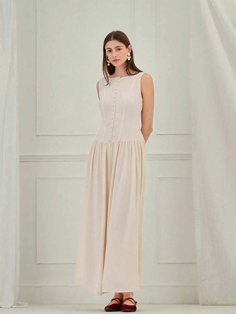 女性エレガントなソリッドカラーウエストシェイプドノースリーブドレス、秋向け