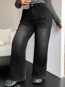 Dazy Petite Plus Plus Size Women's Distressed Wash Loose Wide Leg Jeans With Pockets,Baggy Jeans - Black - View 7
