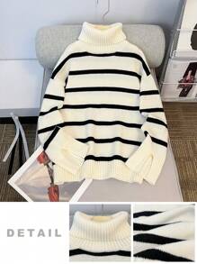 SHEIN 1 pieza Suéter cálido de cuello alto casual y cómodo con estampado a rayas en blanco y negro para adolescentes varones. Ropa de vuelta al colegio; ropa de otoño; ropa para chicos adolescentes; chaquetas de otoño; ropa de otoño y invierno
