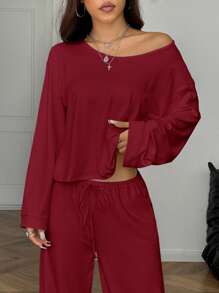 SHEIN EZwear 2 件女式休闲纯色圆领落肩长袖 T 恤和阔腿裤套装，秋季 - 酒紅色 - 查看 3