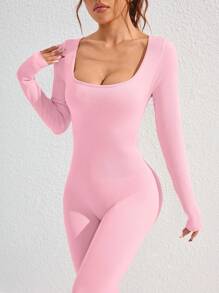 Gameset SHEIN Sport 女士纯色方领长袖罗纹连体裤，适合日常健身和运动 - 淺粉色 - 查看 3
