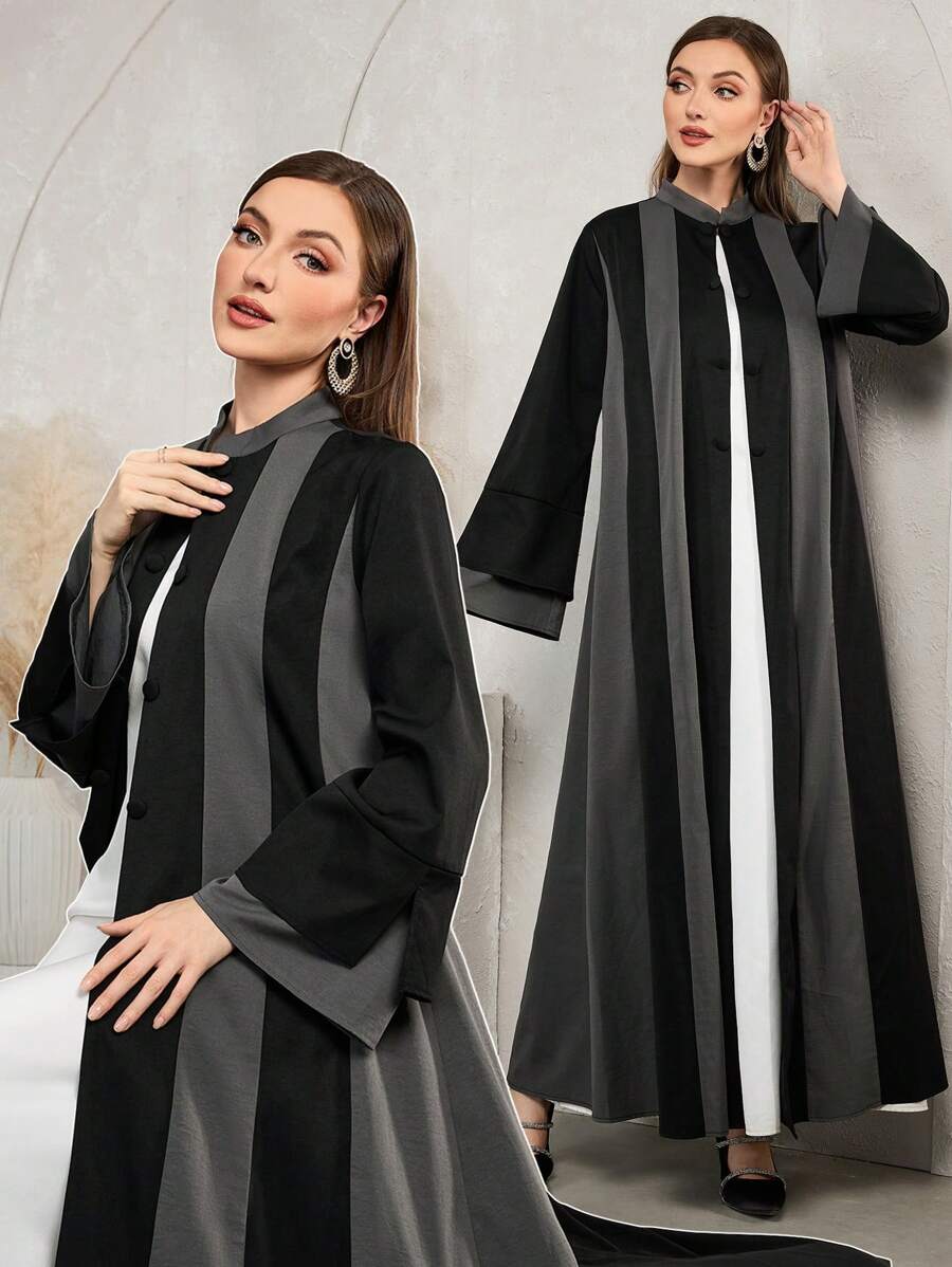 Al Najma Áo choàng Abaya tay dài cổ đứng loe màu tương phản cho nữ, mùa thu/đông, thường ngày, hở vai khiêm tốn, thường ngày/tiệc tùng - Nhiều màu - Xem 1