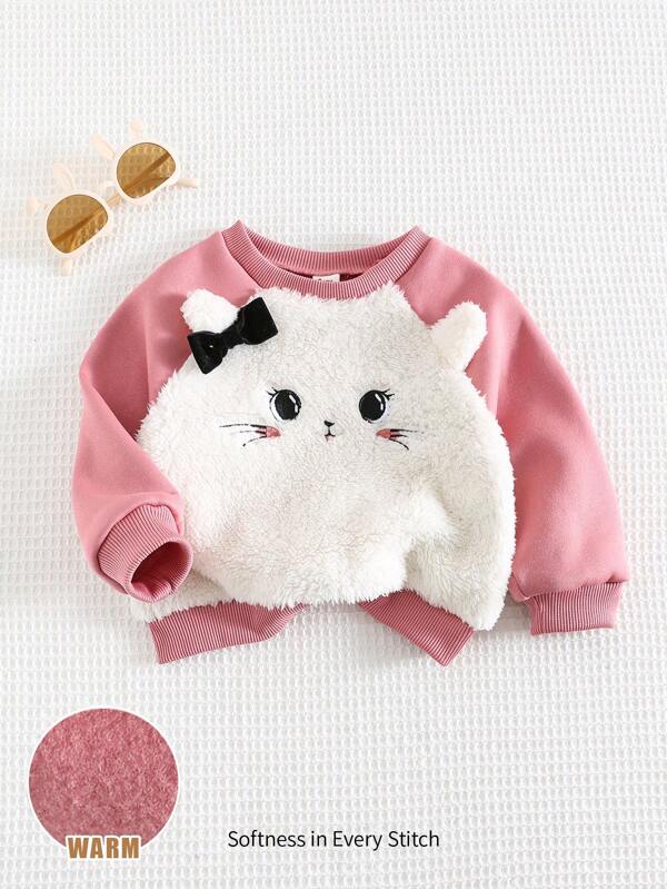 Cozy Pixies Baby Girl Cartoon Cat Ear Decor Thick Fleece Crew Neck Pullover Hoodie, Casual And Versatile