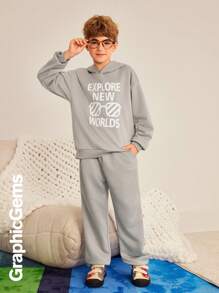 2pcs Tween Boy Set: Hoodie With Letter Pattern And Pants - Grey - View 6