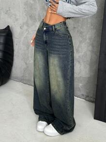 SHEIN PETITE 女士斜襟厚牛仔阔腿裤，蓝色 - 深色水洗藍 - 查看 6