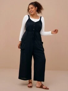 SHEIN VCAY 大码女式宽松黑色休闲收腰连体裤，宽松工装裤，带口袋，休闲连体衣套装 - 黑色 - 查看 5