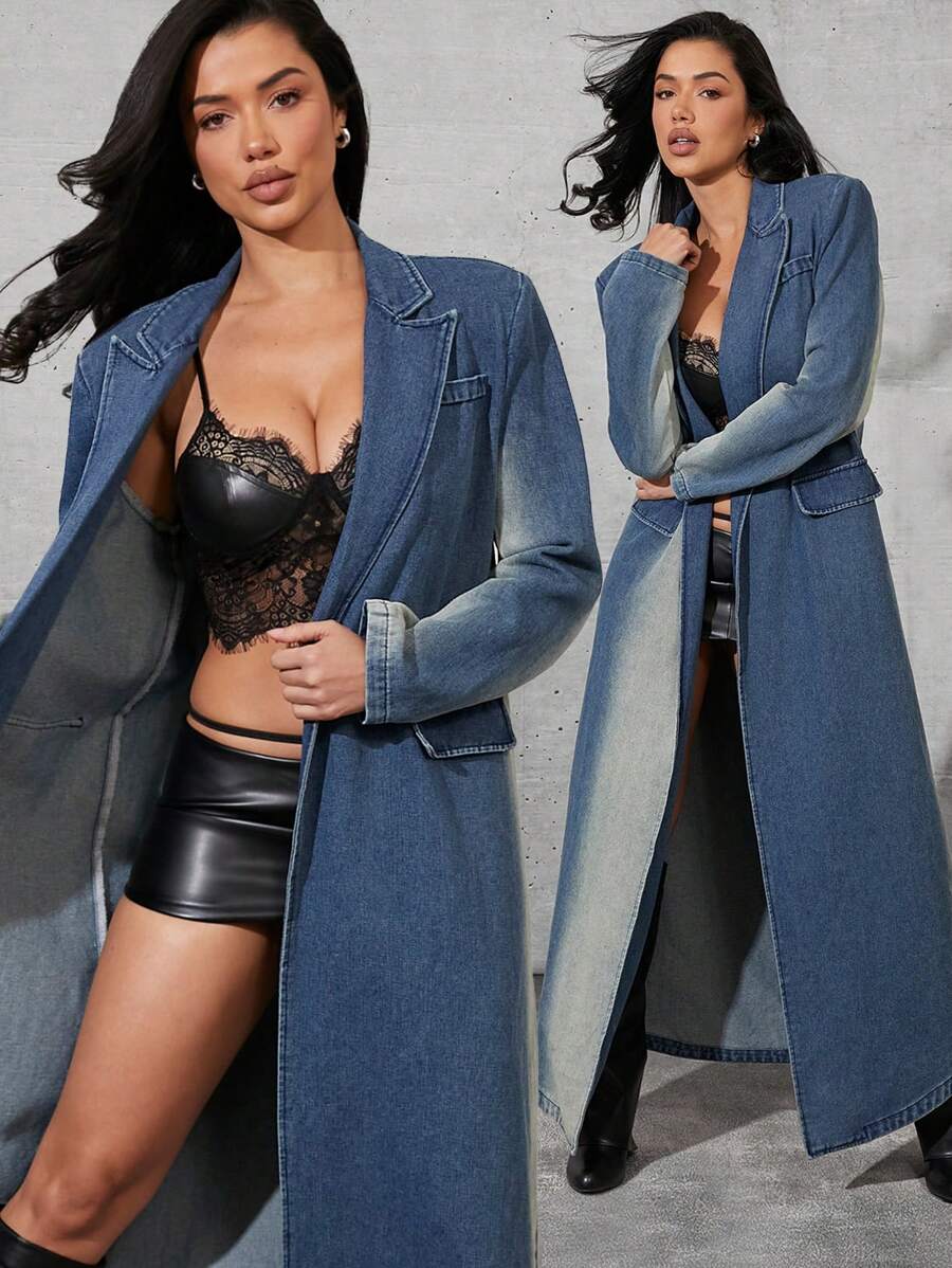 Denimoi 女式前扣长袖仿口袋长款工装牛仔休闲风衣，冬季/秋季日常穿着，外出，女士冬装 - 藍色 - 查看 1