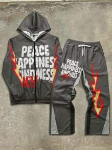 Manfinity EMRG Men Casual Street Fashion Letter & Flame Print Zip-Up Hoodie And Loose Elastic Waist Sweatpants 2pcs Set