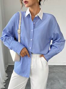 Chiquease [INS] 条纹拼布长袖女士办公室衬衫 - 藍色 - 查看 6