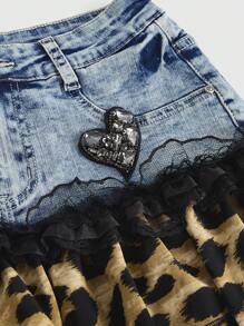 ROMWE J-Fashion Minifalda de mezclilla corta con parches, detalles de estampado de leopardo y flores en estilo Y2K