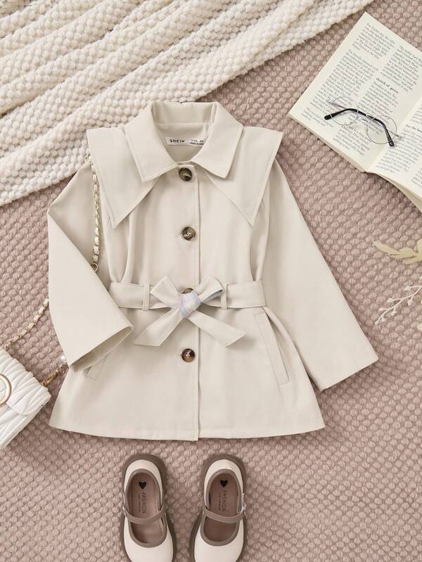 PrepCrw Young Girls' Khaki Plaid Detachable Bow/Adjustable Belt Woven Loose Front Button Trench Coat, Autumn/Winter