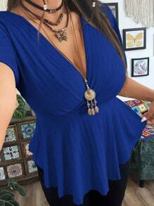 Sunspun Plus Size Women Solid Color Casual V-Neck Ruffle Sleeve Short Hem T-Shirt Plain Plus Size Blousesroyal Blue Toproyal Blue Blouseblue Top Womenblouse Curvy