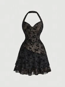 SHEIN MOD 黑色复古挂脖式女式连衣裙，秋冬装 - 杏色 - 查看 1