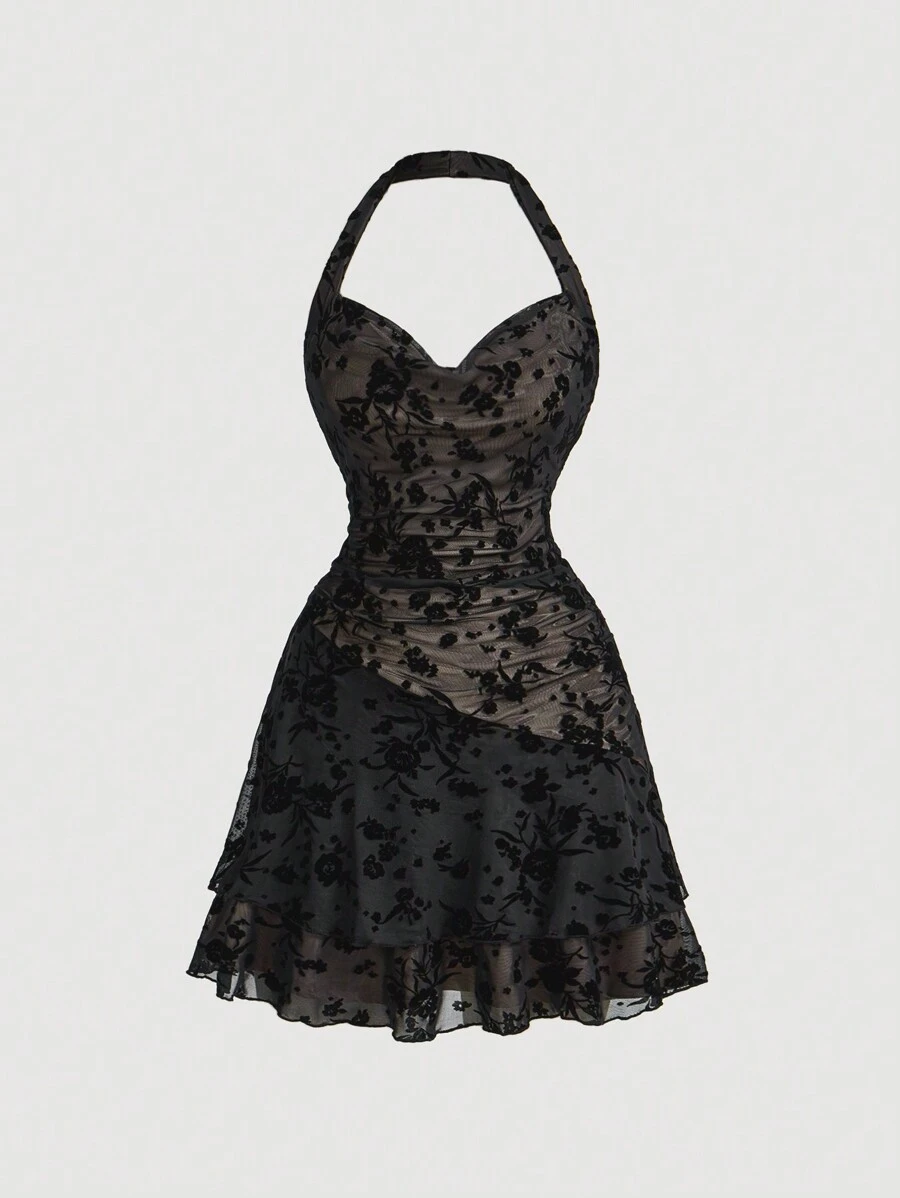 SHEIN MOD 黑色复古挂脖式女式连衣裙，秋冬装 - 杏色 - 查看 1