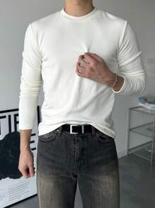 DAZY 男士纯色圆领长袖休闲T恤，秋季 - 白色 - 查看 5