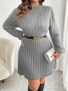 Calvaya Plus Size Solid Color Round Neck Cable Cable Elegant Long Sleeve Sweater Dress, For Winter Fall Cloth For Women - Grey - View 4