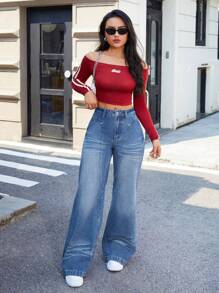 SHEIN Essnce Damen modische Retro Weit-Bein Jeans aus Denim