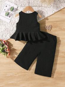 SHEIN Baby Girl Cute Solid Textured Sleeveless Top & Elastic Waist Wide Leg Pants Set, Summer