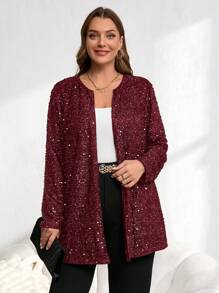 EMERY ROSE Plus Size Solid Color Sequin Decor Open Front Loose Coat For Winter, Fall Women For Christmas, New Years Women - Burgundy - View 4