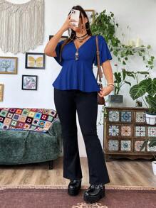 Sunspun Plus Size Women Solid Color Casual V-Neck Ruffle Sleeve Short Hem T-Shirt Plain Plus Size Blousesroyal Blue Toproyal Blue Blouseblue Top Womenblouse Curvy