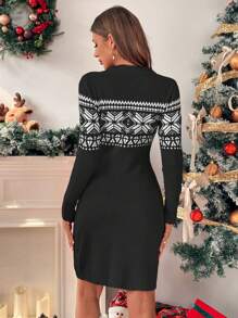 Chiquease Váy len Giáng sinh dài tay bó sát màu đỏ midi, váy cổ tròn eo thon, thu/đông - màu đen - Xem 2