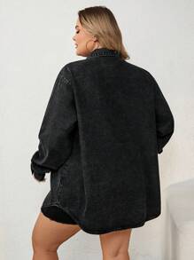 SHEIN CURVE+ Plus Size Women Black Lapel Long Sleeve Curved Hem Denim Jacket, Fall Women Clothes - Black - View 2