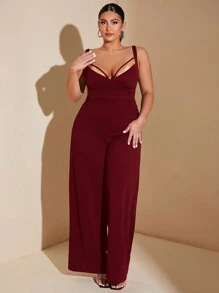 SHEIN BAE 大码性感纯色镂空连体裤秋季修身长款阔腿连体裤，配有分体式胸罩杯和细肩带，适合外出和通勤等优雅休闲场合