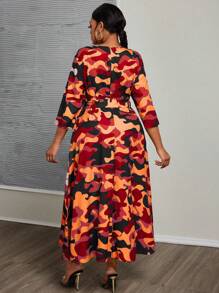 Maweii Plus Size Women Camouflage Lacing Waist Pocket 3/4 Sleeve Midi Dress Maxi Women Outfit