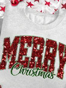 SHEIN Unity Merry Christmas Shiny Graphic Print Crew Neck Sweatshirt, Light Heather Gray Pullover Fall - Light Grey - View 3