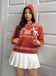SHEIN EZwear 大码女式圣诞麋鹿和雪花图案连帽毛衣，适合冬季 - 紅白色 - 查看 3