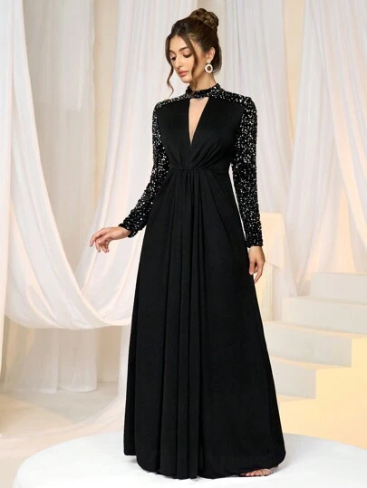 Coutiva Vestido largo de fiesta con parches de lentejuelas para mujer, vestido de fiesta elegante y de moda para otoño e invierno, vestido de princesa elegante y popular para celebridades de internet, vestido de uso diario a la moda y estilizado, vestido negro formal para cena y baile, adecuado para Navidad, Fin de Año, vestido de invitada de boda, vestido de graduación