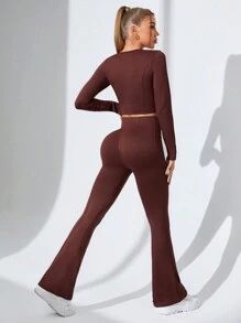 Easithlete 女士运动服 2 件套长袖上衣和长裤套装，休闲运动风格 - 棕色 - 查看 2