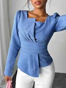 Chiquease Solid Color Asymmetrical Collar Ruffle Hem Blouse - Blue - View 3