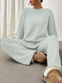 SHEIN Unity 女士纯色圆领落肩长袖毛衣和针织裤两件套，休闲秋冬 - 淺藍色 - 查看 3