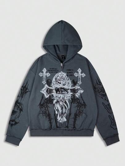 Sudadera casual con capucha de manga larga para hombre con eslogan e impresión de cruz, ideal para otoño