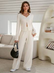 INAWLY Women Solid Color Turndown Collar Long Sleeve Top And Wide-Leg Pants Knit 2 Pieces Set, Casual For Autumn - Beige - View 5